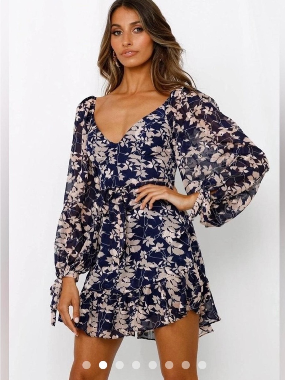 Saints and Secrets Hello Molly Navy & Cream Floral V-Neck Tie Sleeve Mini Dress